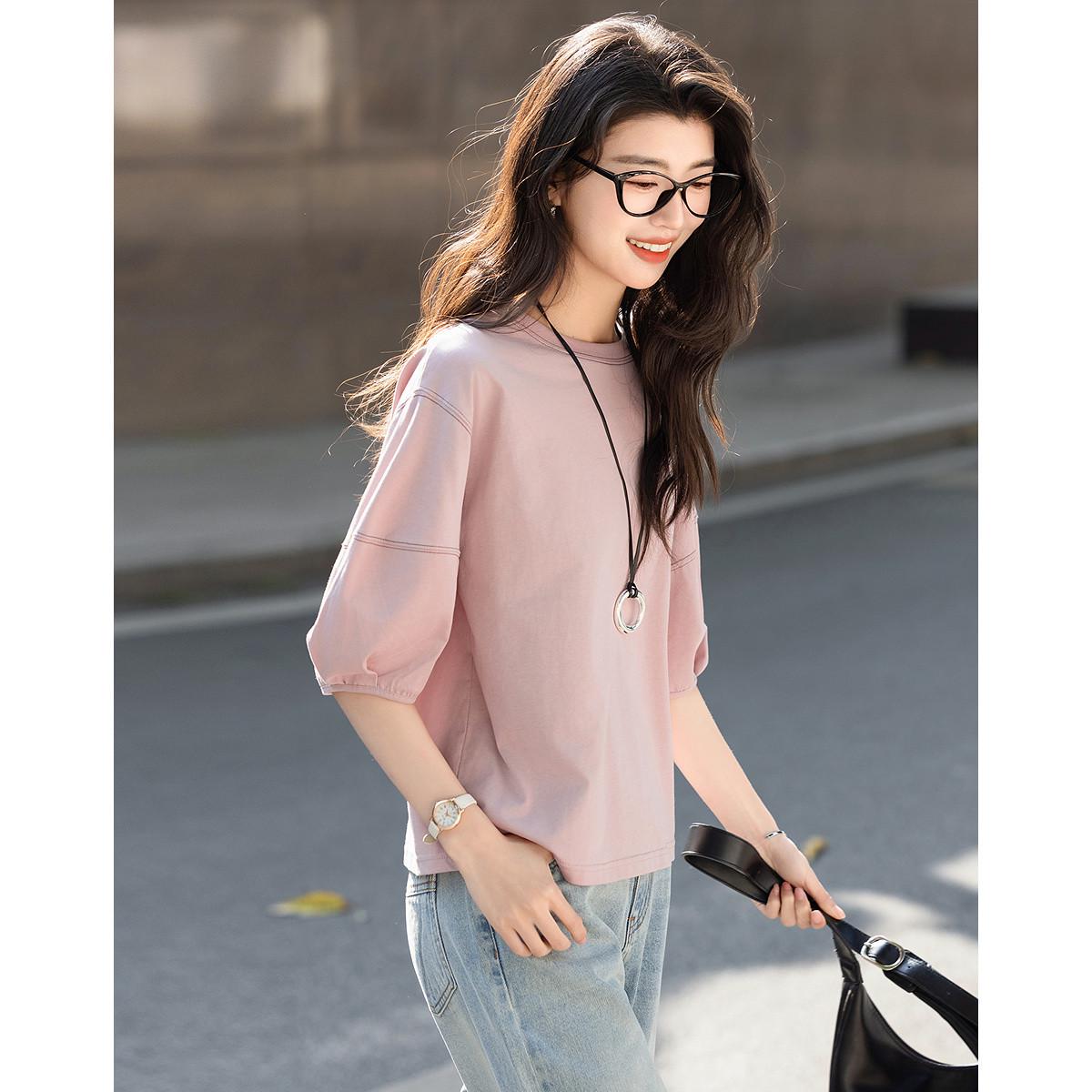 

Women s Loose Lantern Sleeve T-shirt with Color Block Design S рожевий