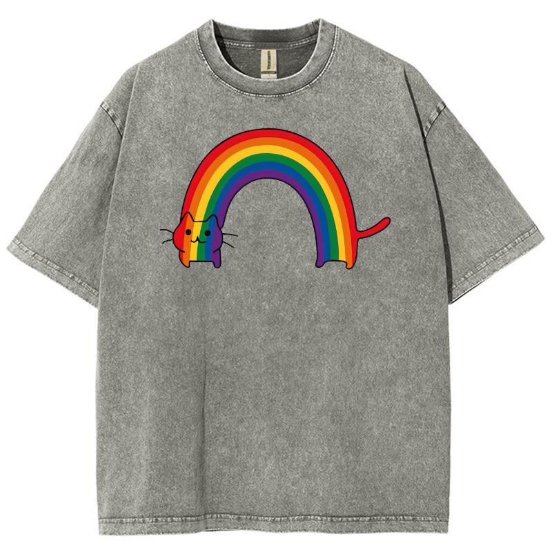Cartoon Funny Style Rainbow Cat Print Women's T-Shirt Fashion Simple And Cute Short Sleeve Wash Loose Retro Crew Neck
