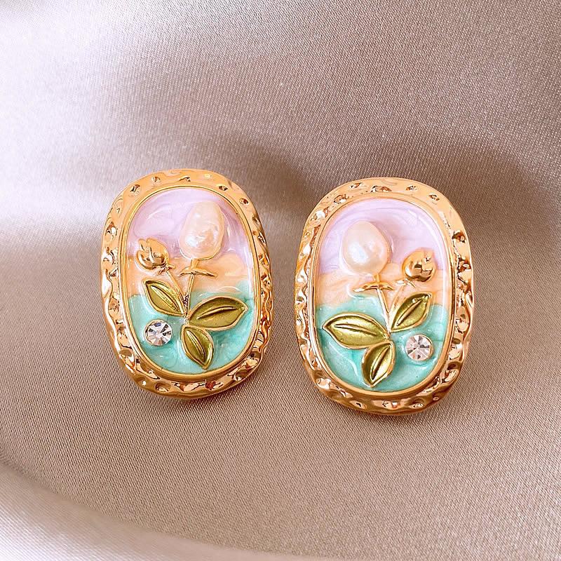 Monet Garden Style Oil Painting Baroque Pearl Earrings - French Court Inspired Light Luxury Accessories