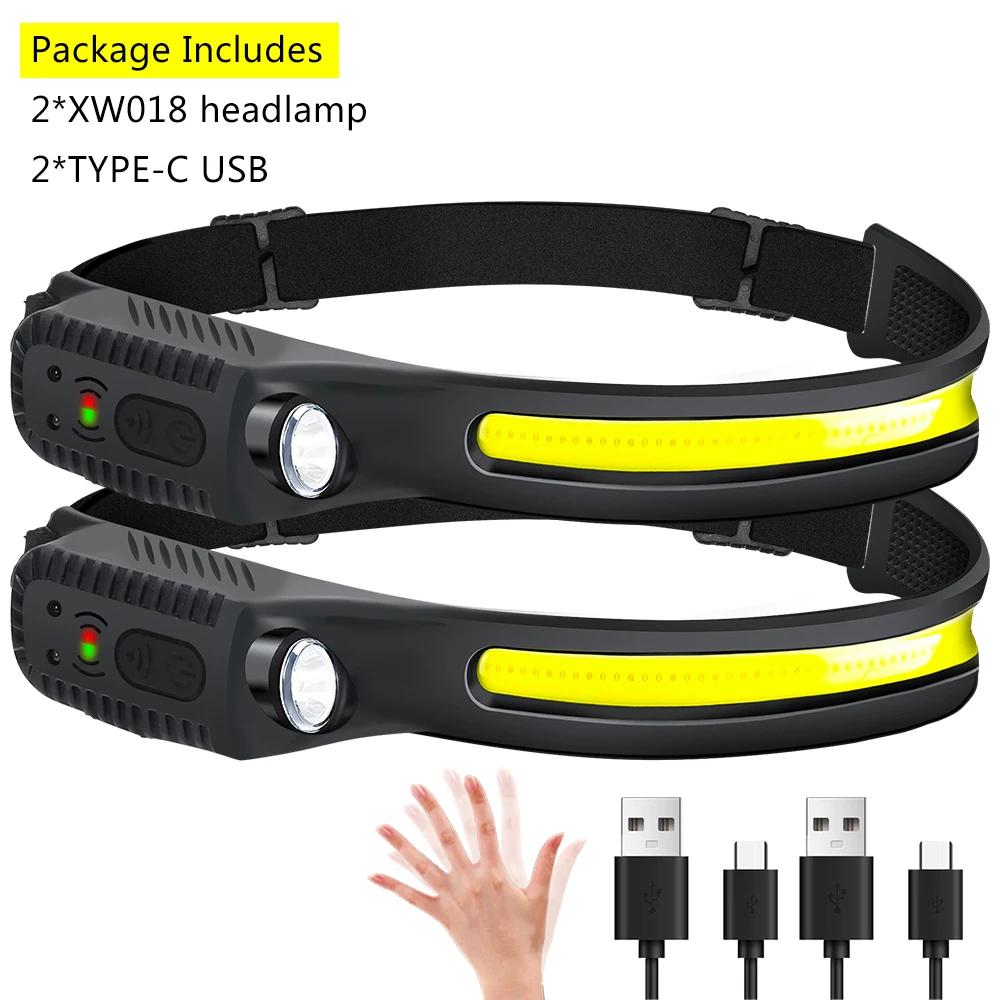 Induction Headlamp COB LED Sensor Head Lamp Built-in Battery Flashlight USB Rechargeable Head Torch 5 Lighting Modes Headlight