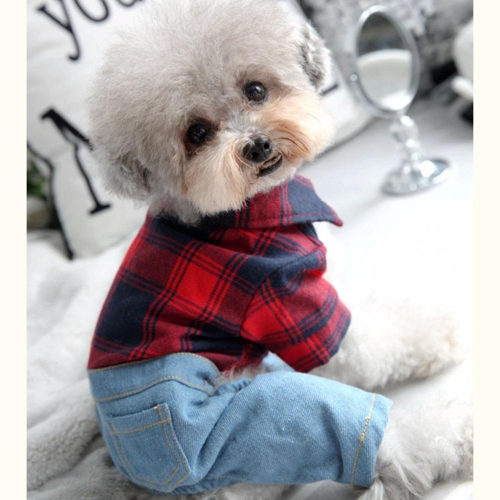 Plaid Shirt With Denim Pants Vest Overall For Dog Autumn Winter Pet Fashion Clothes Set For Small Medium Animal Chihuahua Yorkie