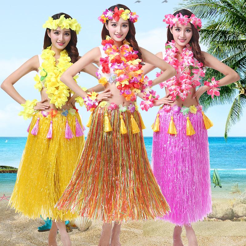 80cm Thick Flowing Grass Skirt Set: Eight-Piece Hawaiian Seaweed Dance Outfit for Adults