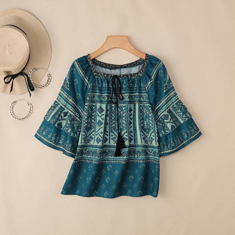 ZANZEA Women Summer Casual Square Collar Half Sleeve Loose Ethnic Print Blouse