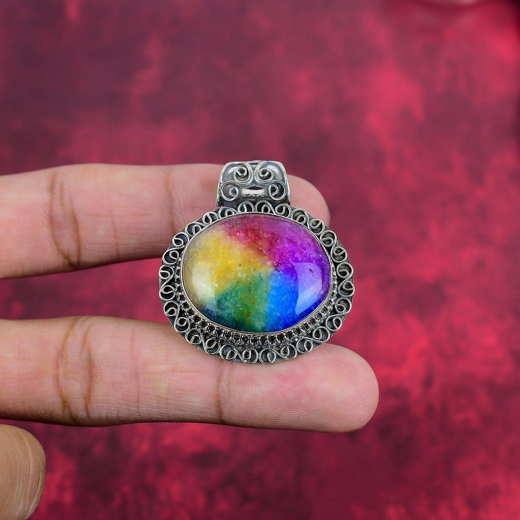 Pandantiv cu cuarț solar curcubeu, bijuterii cu pandantiv din argint 925, bijuterii cu pietre prețioase cu pandantiv lucrate manual pentru Ziua Recunoștinței