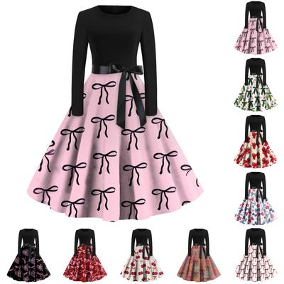 Women's Printed Round Neck Big Hem  Skirt Pleated Skirt Long Sleeved Dress Dress