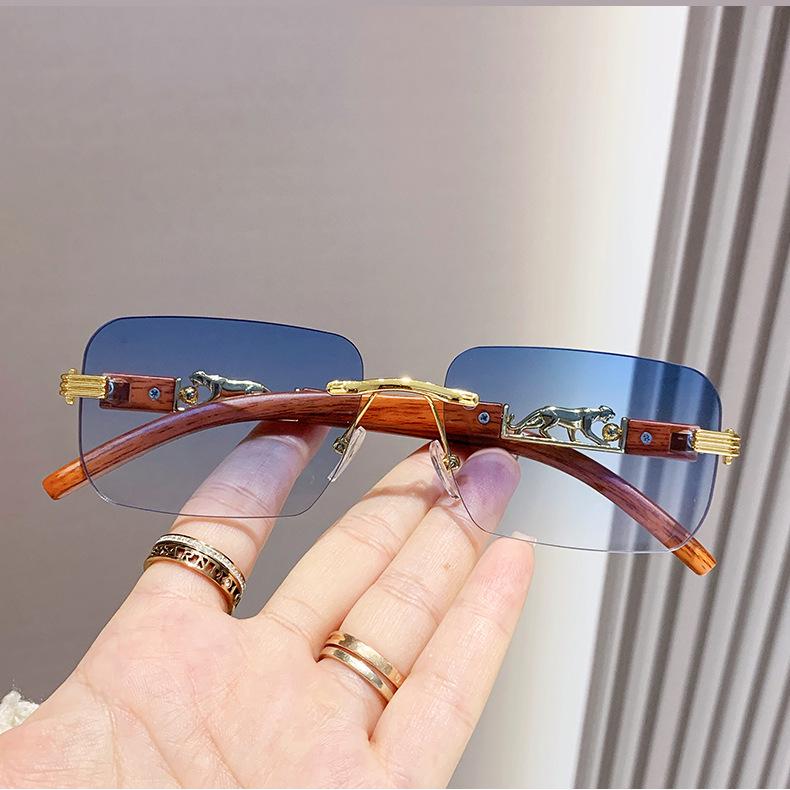 European Frameless Edge Cut Wood Grain Leopard Head Sunglasses: Unisex, Square Frame, Trendy for Driving