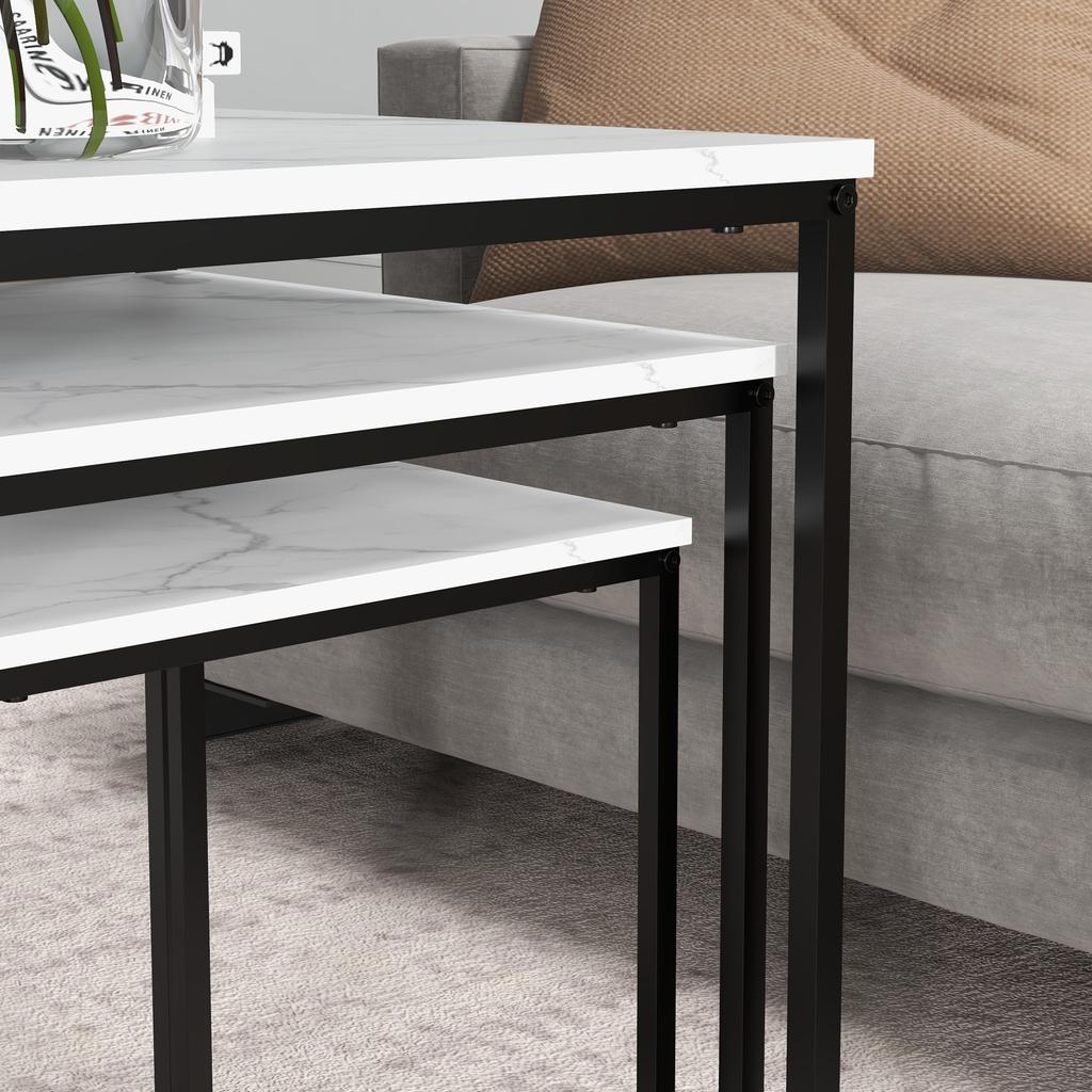 Nesting Side Tables, 3-Piece, Marble Effect, Steel Frame, White
