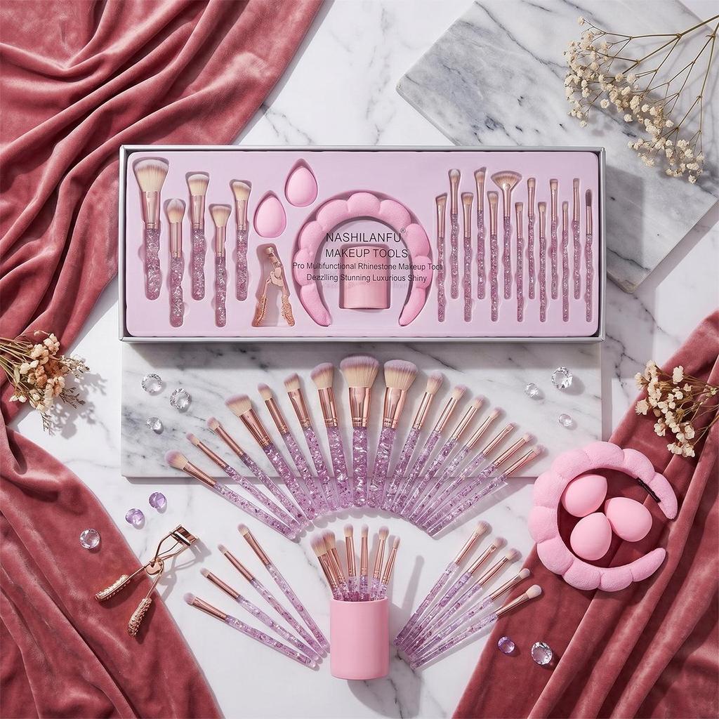 23-Piece Rhinestone Makeup Brush Set with Headband and Eyelash Curler