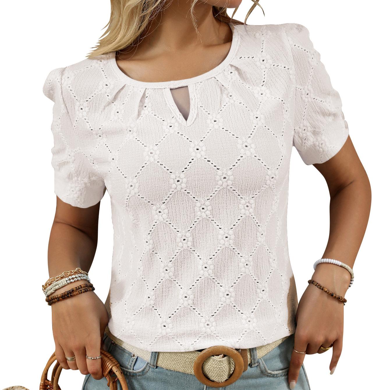 

2025 Весна/Лето Новая однотонная футболка с круглым вырезом и коротким рукавом на пуговицах с открытыми плечами XXL