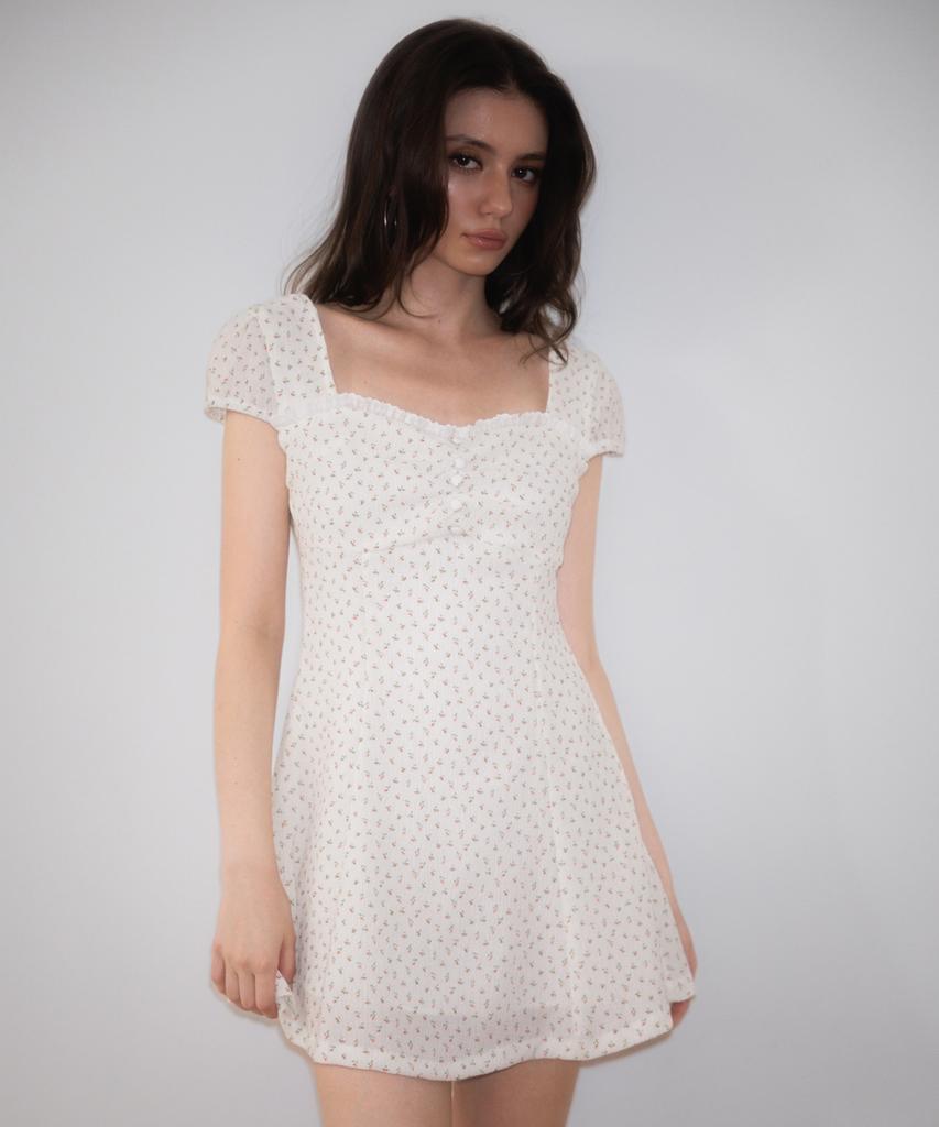 ROSEFRANTZ Lace Shirring Button Flare Dress [Ivory]