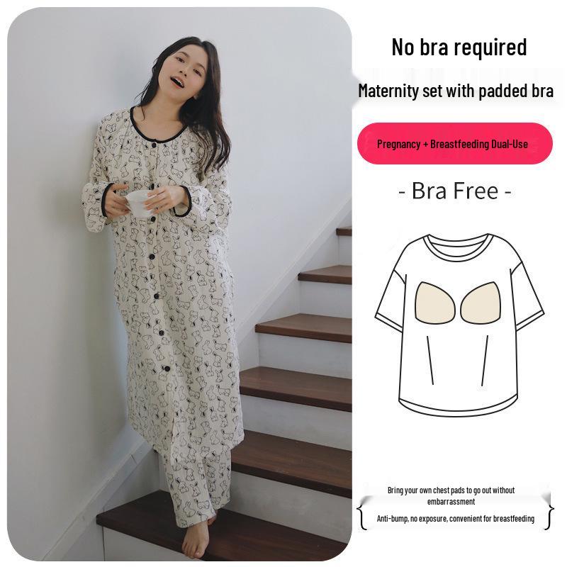 Umstandskleid aus reiner Baumwolle mit Brustpolstern - Leichter Frühlings-/Sommer-Postpartum-Still-Bademantel