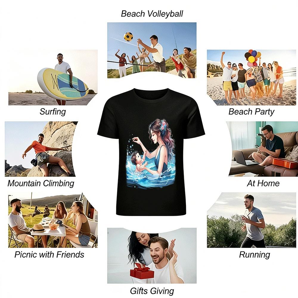Mommy And Baby Swimming Time Print Casual Adult Top Pure Cotton T-shirt