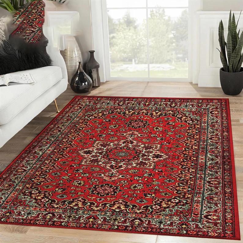 Alfombra Persa Roja Clásica Alfombra Tradicional con Medallón Decoración de Salón Estilo Vintage Alfombra Lavable Alfombras Antideslizantes Decoración Retro