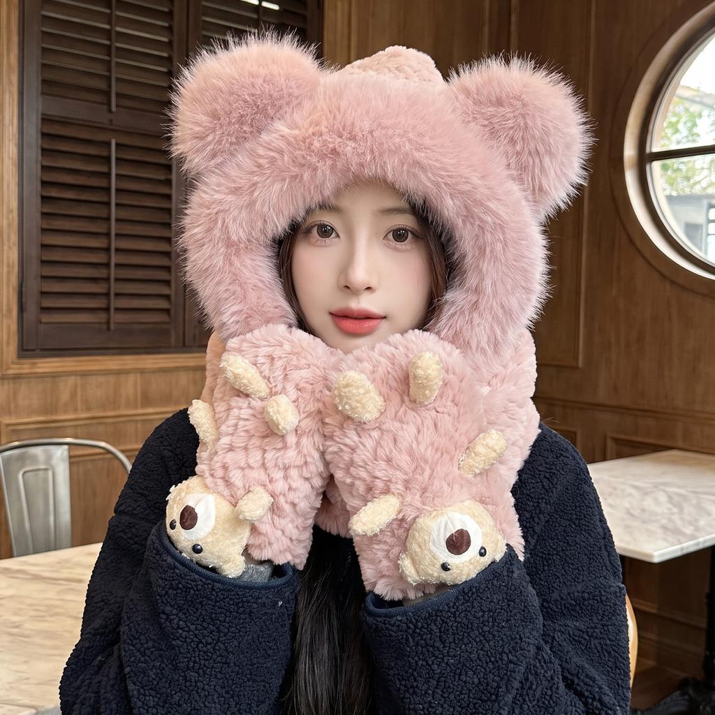 Winter warm plush hat new scarf gloves integrated cute bear three-piece set female cycling ear protectors