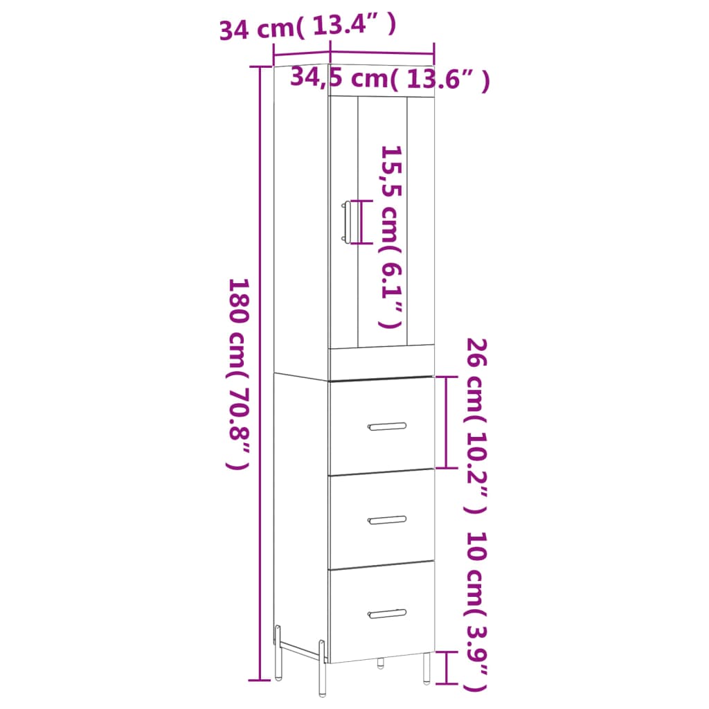 Highboard White 34.5 x 34 x 180 cm Particle Board