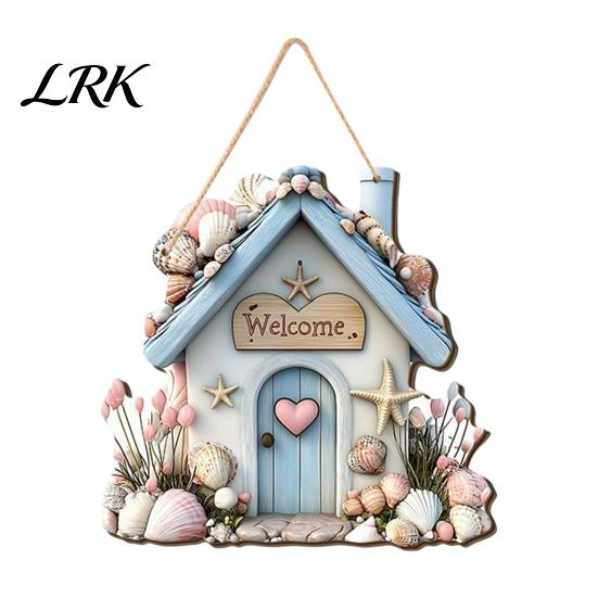 Decorative Shell Starfish Sign Summer Coastal Wooden Wreath, Ocean Welcome Sign, Nautical Easy to Hang Door Decor Front Hanger for Porch, Indoor,