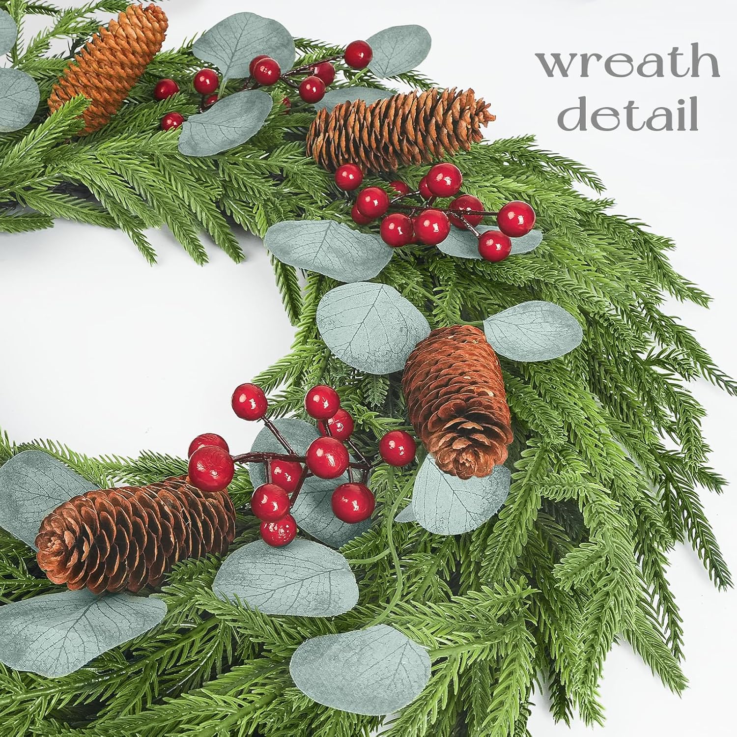 Christmas Decorations - 22 Inch Artificial Norfolk Pine Christmas Wreath with Pine Cones, Eucalyptus, and Red Berries Perfect for Front Door - Indoor