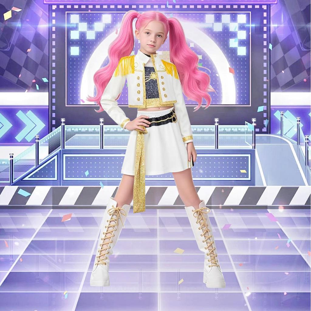 Kız Çocuk K-Pop İblis Avcıları Zoey Rumi Mira 3D Baskı Siyah Altın Cosplay Takım Kostüm Seti Huntrix Cadılar Bayramı Karnaval Takımı