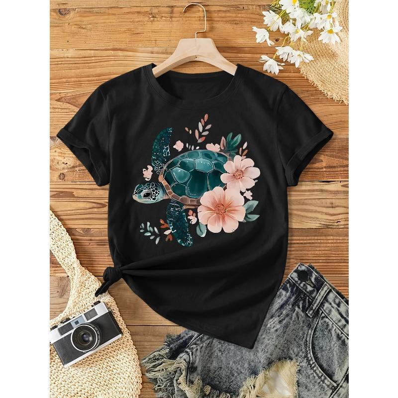 

European Size Women s Vintage Floral Turtle & Peach Blossom Print Short Sleeve T-Shirt - Soft Stretch Round Neck for Spring Summer Fall 4XL