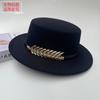 New Belt Buckle Woolen Hat British Retro Autumn and Winter Hat Men's and Women's Trendy Versatile Wide-brimmed Flat Top Top Top Hat