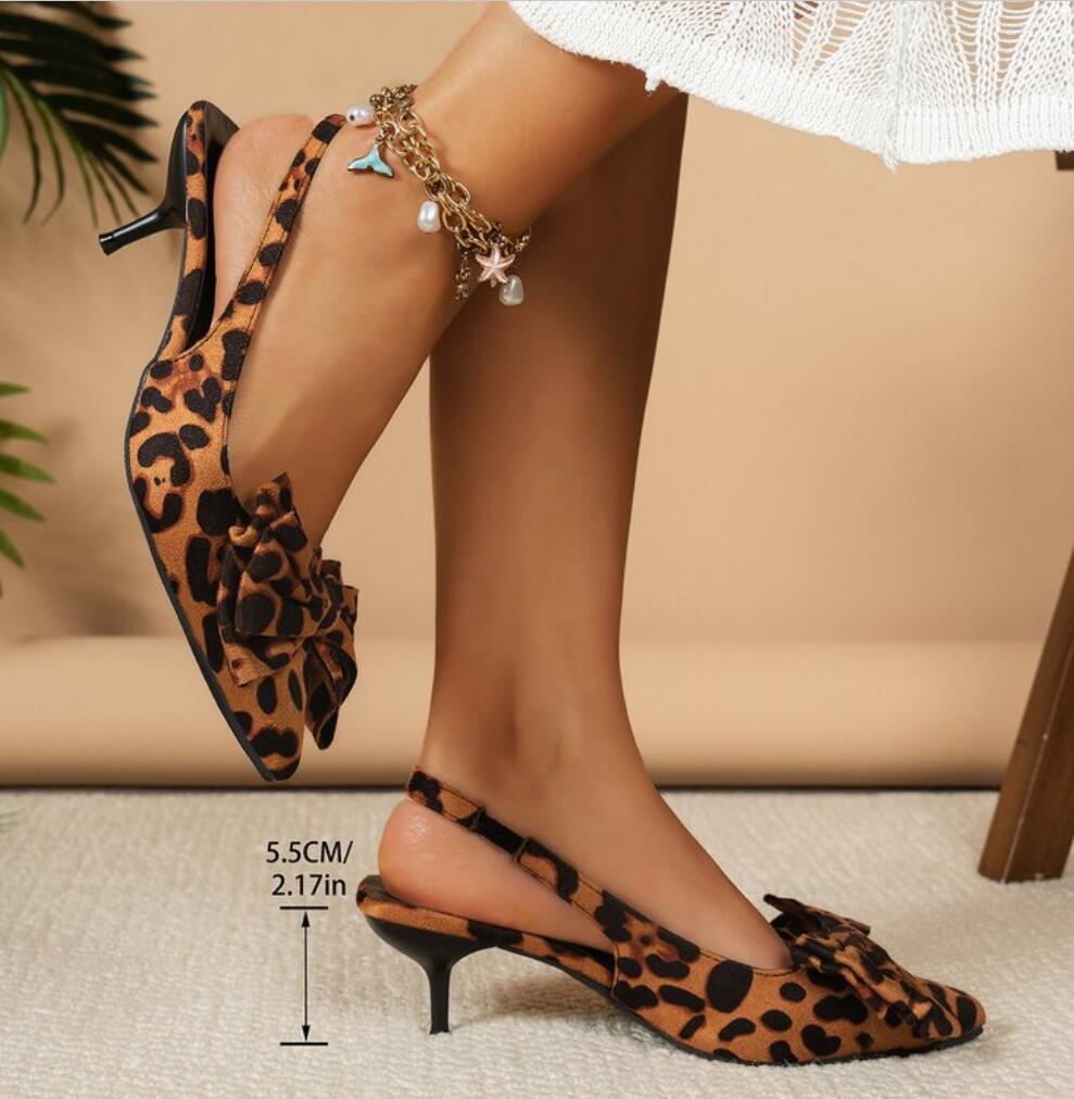 Vintage Leopard Print High Heel Sandals Summer 2026New Pointed Toe Stiletto Sexy Bow Ladies Sandals Big Size Slippers Shoe Woman