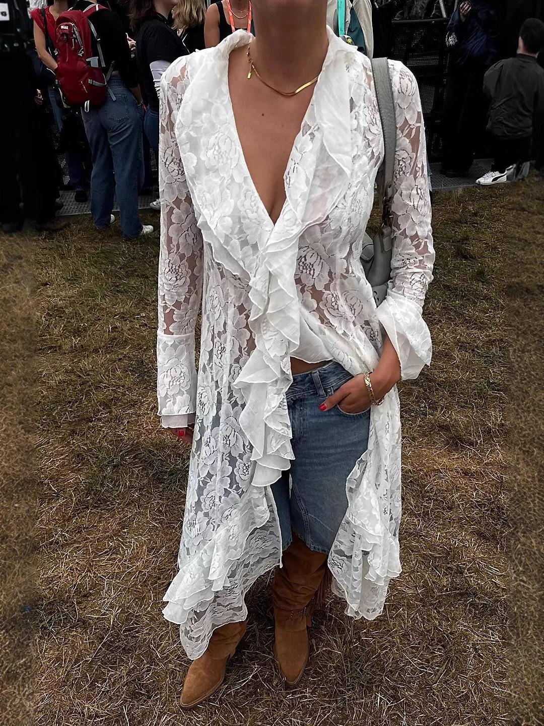 

New lace see-through sun protection long dress, cardigan, bikini beach cover-up XL