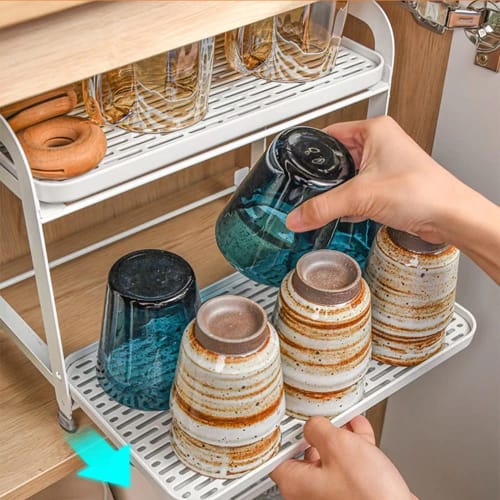 GOENDR Countertop Cup Stand with Draining Tray, Draining Tray, Draining Rack, Glass Holder, Cup Holder, Mug Stand, Drawer, 2-Tier, Angled Kitchen Stor