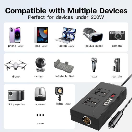 Car Power Inverter Overload Protection Universal USB-C Fast Charging Portable Car Charger with Switch Control Converter