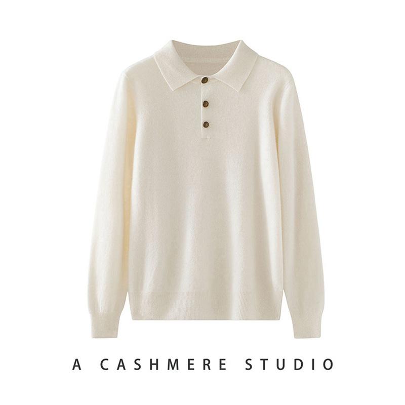 Women's Pure Cashmere POLO Collar Sweater - Autumn/Winter Slimming Loose Fit Base Layer Pullover