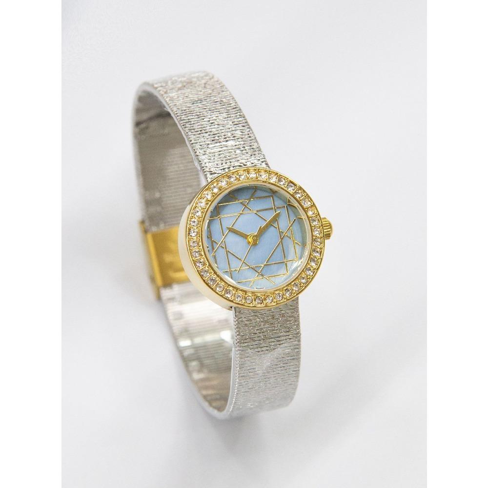 Round Quartz Watch For Women Rhinestone Bezel Geometric Line Dial Textured Mesh Strap Elegant Daily Waterproof Wristwatch