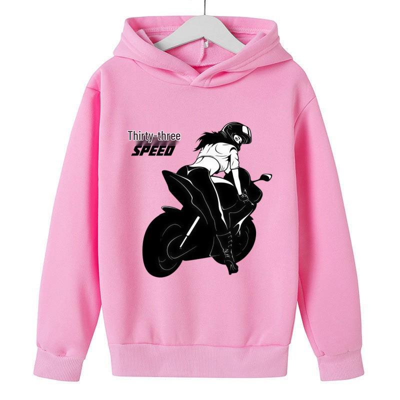 2026 Kids Unisex Hoodie: Black & White Silhouette Female Motorcycle Rider SPEED Racing Theme