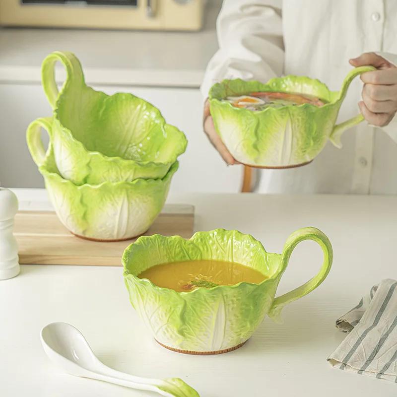 Crank Ceramic Cabbage Instant Noodle  Soup Bowl Household Fruit Salad 2025 New Tableware Handle Bowl