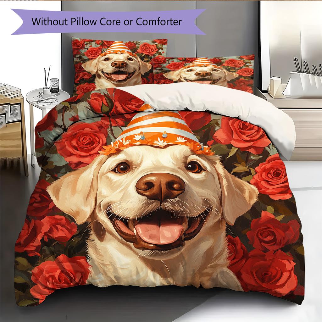 Rose Dog with Birthday Hat Pattern Bedding Quilt Set Home Decoration Gift (1 * duvet cover + 2 * pillowcase without core)