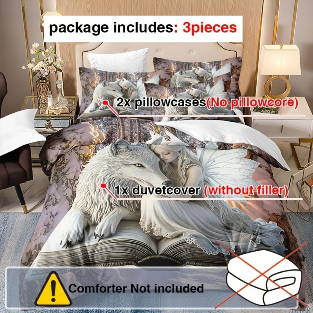 3Pcs Anime Wolf And Angel Theme Bedding Set 3D Digital Print Duvet Cover With Pillowcases Soft Breathable Polyester