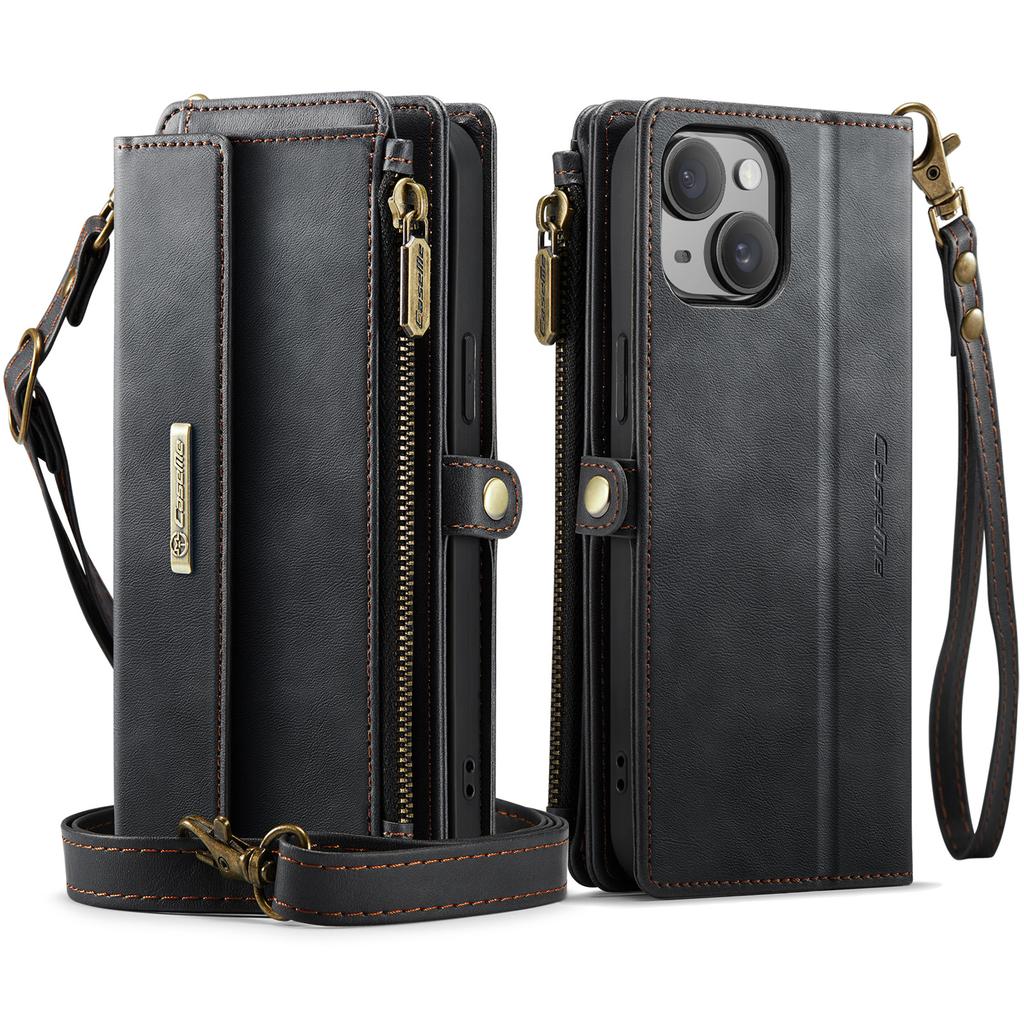 For iPhone 13 6.1 Inch Case CASEME C39 RFID Blocking Zipper Wallet Stand Leather Cover with Strap