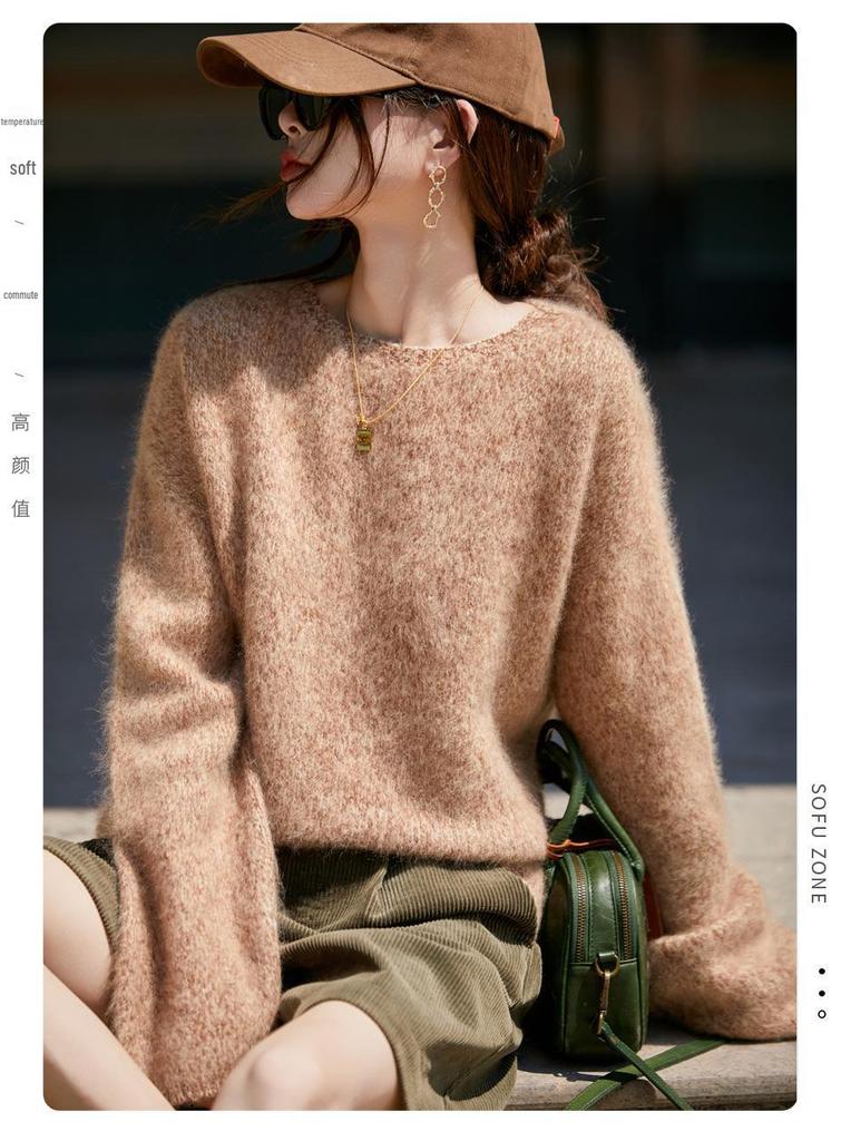 Women’s Wool Sweater: Seven-Needle Brushed Yarn, Unique Texture, Thick, Warm, Loose Fit for Autumn/Winter