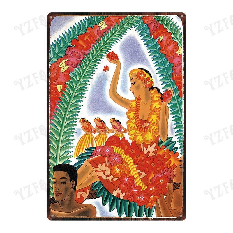 Vintage Hawaii City Painting with Hula Dancers  Metal Travel Tin Sign for Wall Decor In Pubs Cafes and Homes  Beach Metal Pla