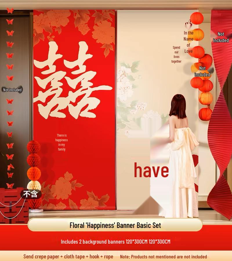 Double Happiness Wedding Banner Set - Room & Wall Décor for Engagements & New Home