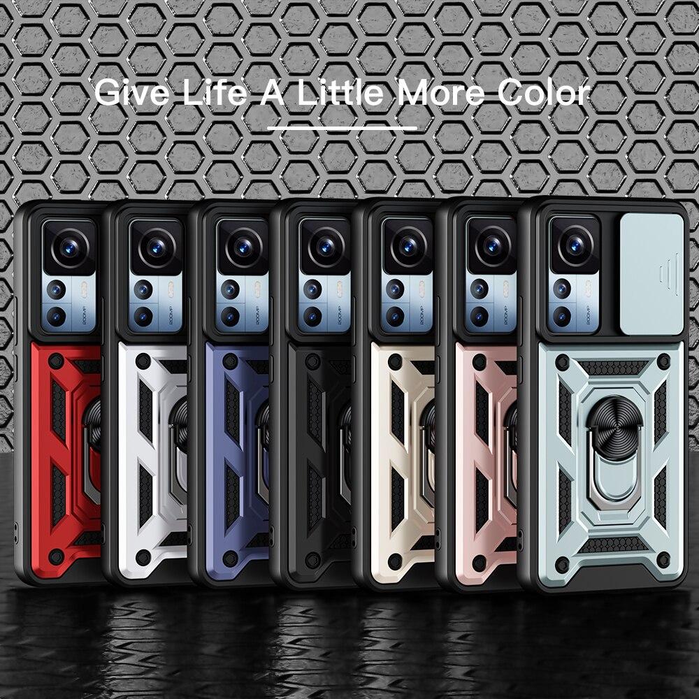 KEYSION Shockproof Case for Xiaomi 12T Pro 5G Push Pull Camera Protection Ring Stand Phone Cover for Redmi K50 Ultra