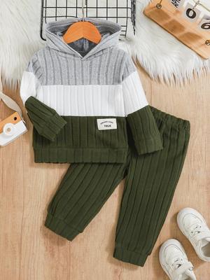Exklusives grenzüberschreitendes Kapuzen-Farbblock-Set für Babys und Kleinkinder: Langarm Rippstrick Oberteil + Lange Hose für Herbst/Winter