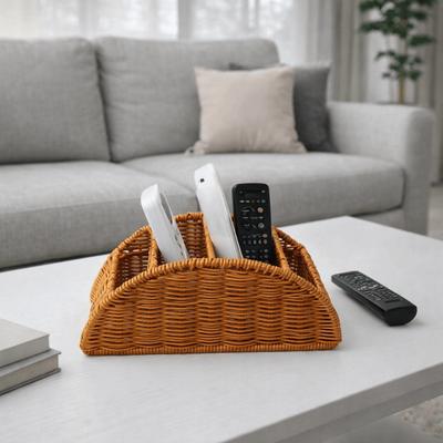 Imitation Rattan Remote Control Storage Box Handwoven Vintage Style Remote Control Holder 4 Grids Desktop Storage Box Bathroom