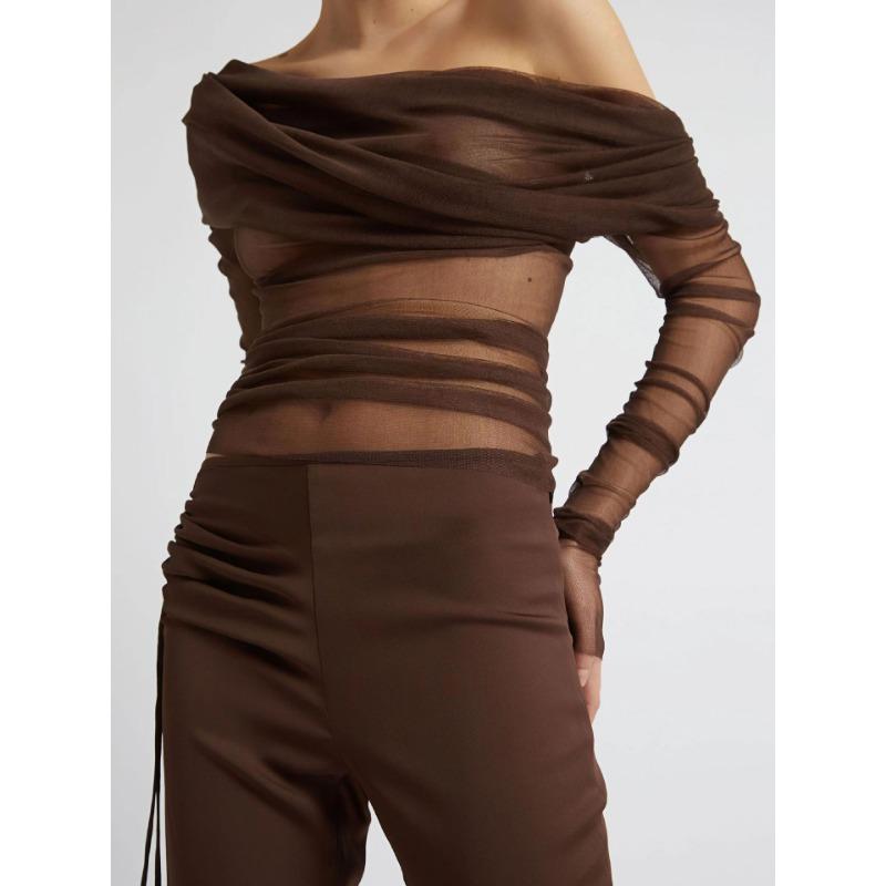 

Летнее европейское и американское сексуальное облегающее платье на одно плечо из сетки, дышащее, подчеркивающее темперамент, грудь и фигуру, женский топ с длинным рукавом, футболка L темно-коричневого