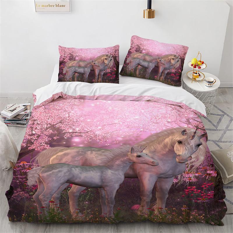 Cute Unicorn Duvet Cover Microfiber Forest White Unicorn Horse Comforter Cover Flying Horse Bedding Set King Full For Girls Teen