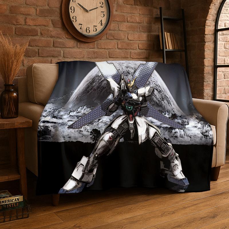 Classic Gundam Cartoon Robot Flannel Blanket Soft Warm Throw Blanket for Bedroom Living Room Bed Travel Camping Picnic Kids