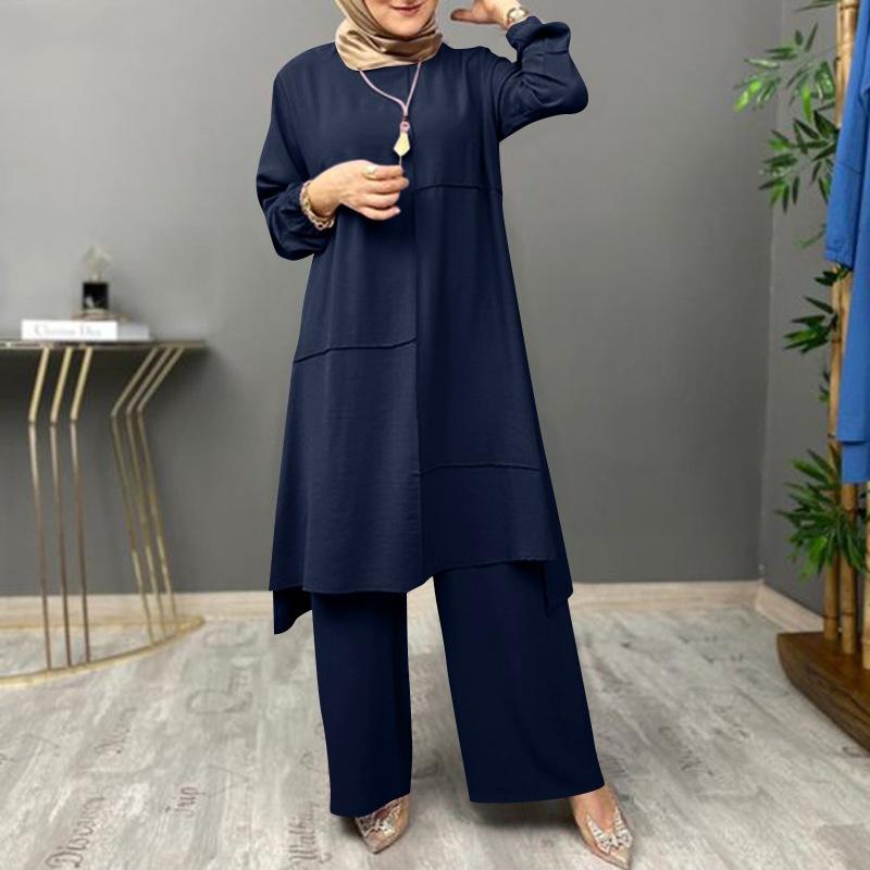 Muslim Women's Urban Sportswear Elegant Bubble Sleeve Crew Neck Shirt Loose Fashion Wide Leg Pants Set