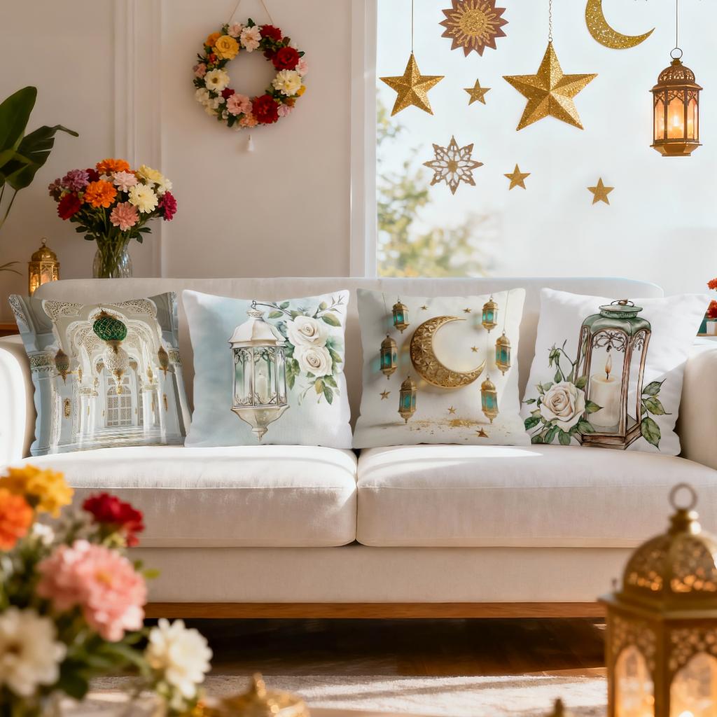 Ramadan Moon And Lantern Flowers Cushions Pillowcase Polyester Cushion Cover Throw Pillow Pillowcover Home Car Sofa Decor