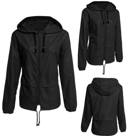 Veste Imperméable Fine à Capuche Zippée pour Femme Camping Extérieur Couleur Unie Imperméable