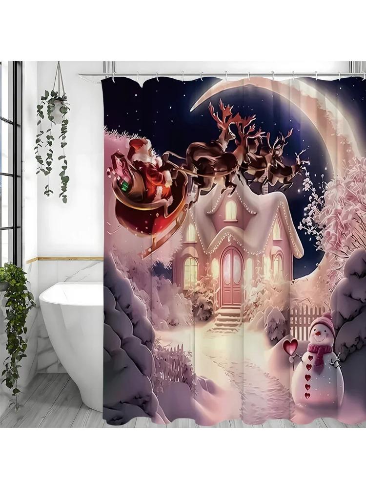Christmas Pink House Snowman Santa Claus Shower Curtain, Bathroom Decorative Shower Curtain, Waterproof Shower Curtain with Hook W90xH180cm