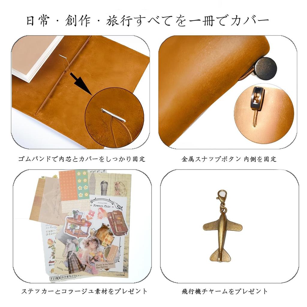FENSPARK Travel Notebook, Regular Size, with Charm, 3 Refills, PVC Bag, Collage Material, and Stickers. A system notebook made of genuine leather with