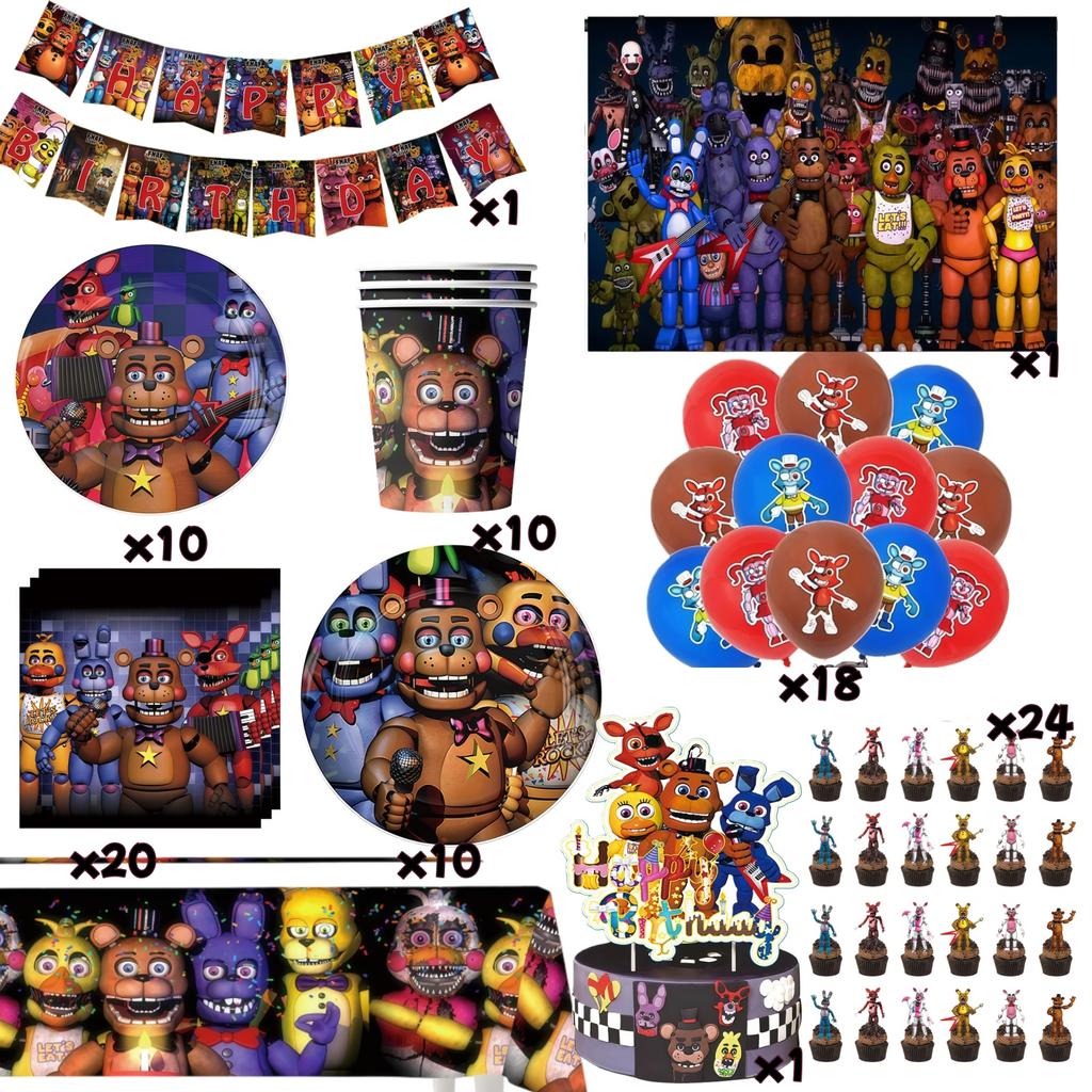Five Nights Bär Geburtstagsdekorationen Freddyed Geschirr Teller Tasse Banner Kuchenaufsatz FNAF Luftballon Kinder Babyparty Zubehör